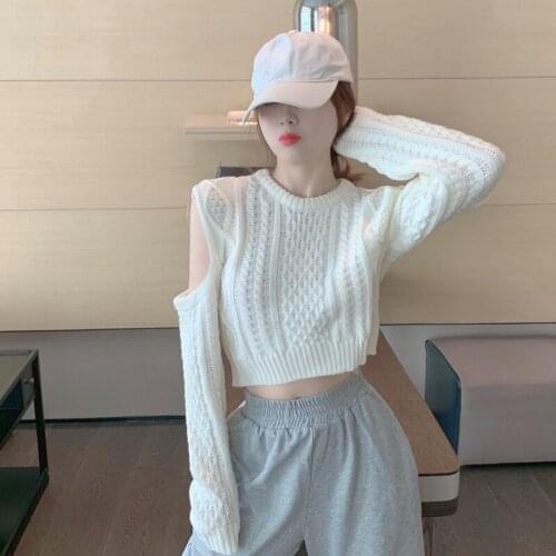 Knitted Cotton White Crop Top Loose Off Shoulder Pullovers Spring Autumn Grey Sweater Women Hollow Out Jumpers Korean Fashion