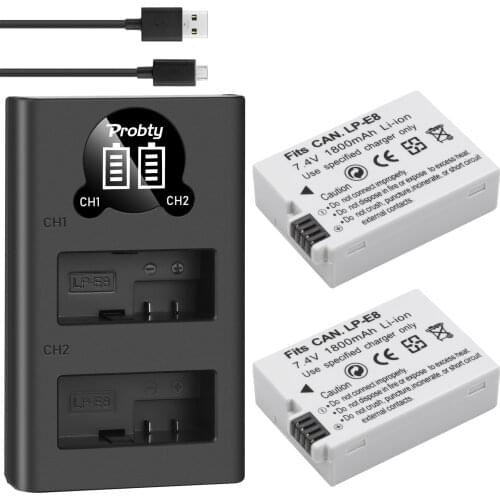 PROBTY 2pcs 1800mAh LP-E8 LP E8 LPE8 Li-ion camera Battery AKKU + Charger For Canon EOS 550D 600D 650D 700D Rebel X4 X5 X6i X7