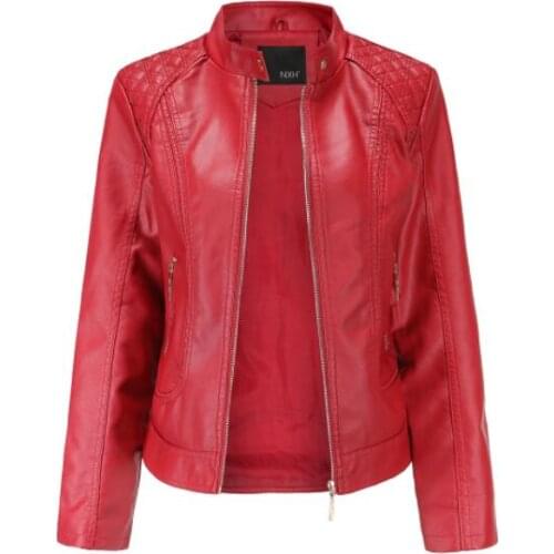 2020 Leather Jacket Women Zippers PU Leather Jacket Mandarin Collar Womens Faux Leather Jacket Red Biker Jacket Women