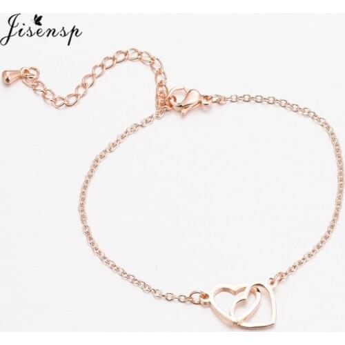Jisensp Women Double Heart Charms Bracelet Wedding Jewelry Stainless Steel Rose Gold Bracelets Pulseira Girls Valentines Gift