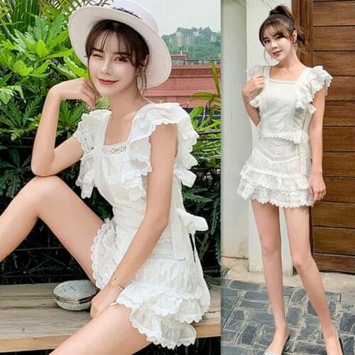 2020 Summer Runway Designer White Two Piece Set Sweet White Lace Patchwork Sleeveless Crop Top+Short 2 Piece Women Outfits
