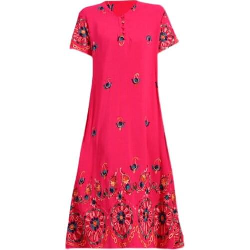 New Women Summer Long Cotton Floral Embroidery Dress Ladies Round Neck Elegant Loose A-Line Dress Female Vestido Casual Clothing