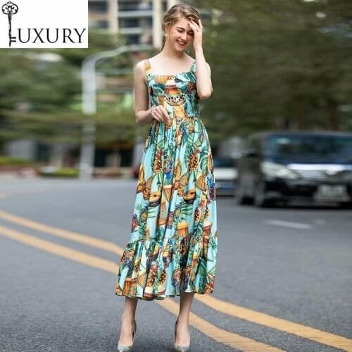 Quality Strap 2020 High Spring Summer Bohemian Beach Women Tropical Prints Sleeveless Casual Long Maxi Dress Blue