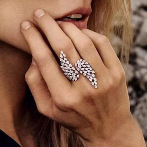 RAKOL Luxury AAA Cubic Zirconia Gold Color Angel Wing Open Rings for Women Fashion Crystal Wedding Party Jewelry Bague RR12329