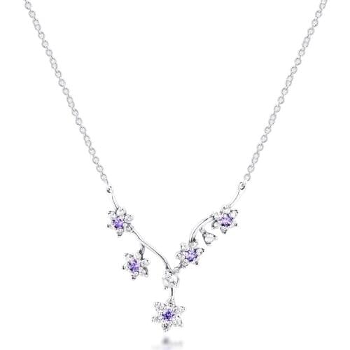 CKK 925 Sterling Silver Forget Me Not Necklaces for Women Purple & Clear CZ Necklace Wedding Jewelry Colllar Wholesale