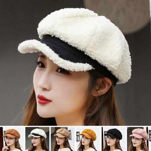 Winter Womens Cap Ladies Octagonal Hat Beret Lambswool Plush Warm Outdoor Female Visor Soft High Quality BT0057