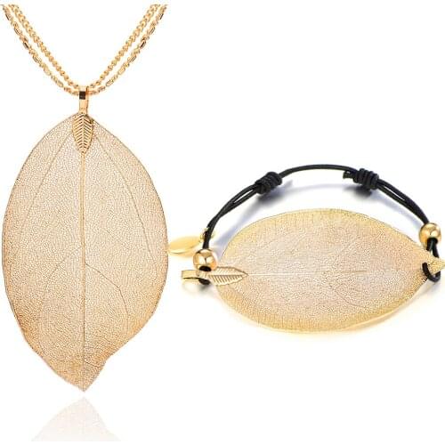 100% Real Leaf Jewelry Sets Silver Plated Charm Adjustable Bracelet Long Necklace Fashion Wedding Jewelry Gift For Women 2020