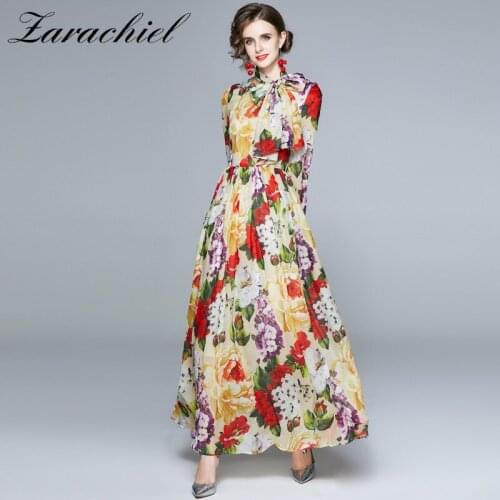 2020 New Autumn Romantic Floral Holiday Maxi Dress Robe Women Long Sleeve Flower Print Sashes Pleated Chiffon Long Dress + Scarf