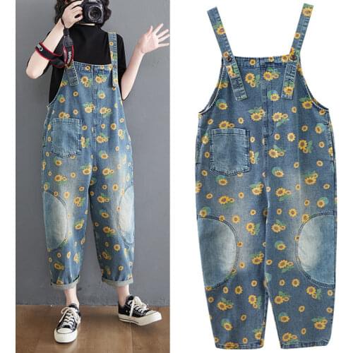 2021 Spring Fashion Sunflower Printed Jeans Overalls Long Pants Pocket Floral Rompers Womens Denim Suspenders Cowboy Jumpsuits