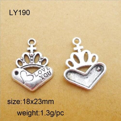 50pcs/lot Alloy Antique Silver Crown Heart I Love You Charm Pendant Fit Bracelet Necklace DIY Metal Jewelry Making