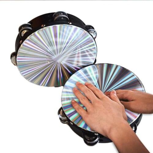 8 Inch Wooden Tambourine Handbell Hand Drum Reflective Drum Head Percussion Instrument Toy