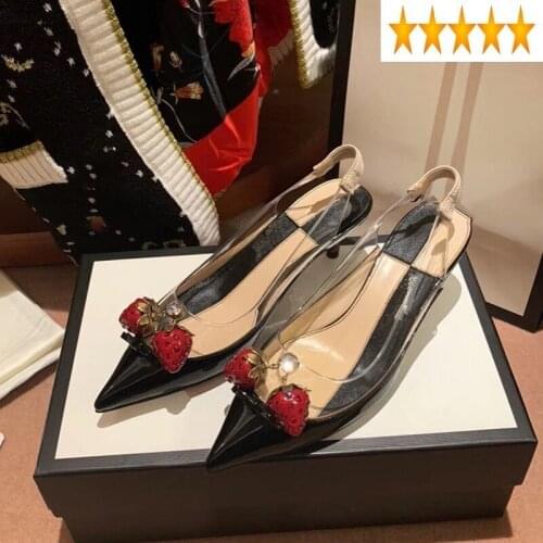 Pointed Women Summer Patent Leather Toe Sansals Elastic Back Strap Cute Strawberry Designer Elegant Ladies Party Sandals Shoes