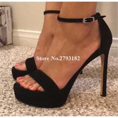 Women Summer Fashion Open Toe Suede Leather High Platform Sandals Black One Strap High Heel Sandals Dress Heels Shoes