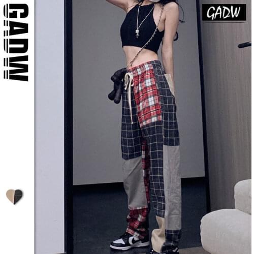 Patchwork Plaid Casual Pants Men and Women Autumn Hip Hop Straight Pants Plaid American Design Sense Wide-Leg Pants