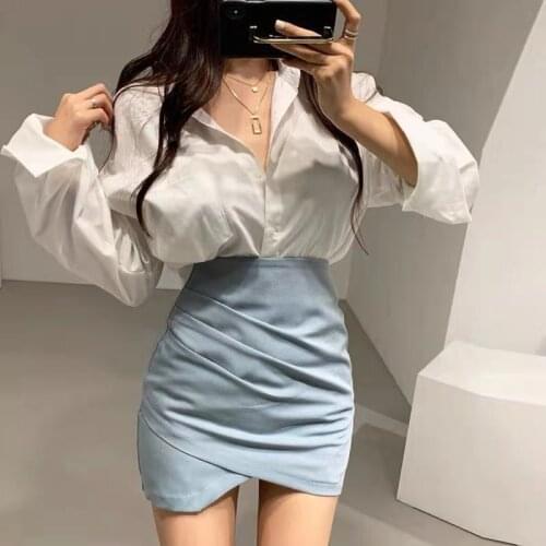Skirt design female irregular A bag hip skirt high waist Joker solid color shirt two-piece autumn new style