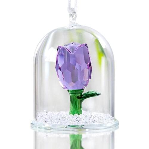 H&D Crystal Flower Figurine Purple Rose Glass in Dome Dreams Ornament Wedding Decor Valentines Day Gifts forLady