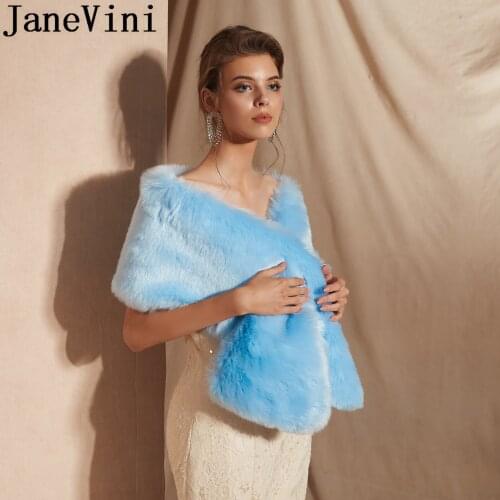 JaneVini 2019 Gorgeous Faux Fur Wrap for Women Blue Formal Dress Party Boleros Bruids Cape Wedding Fur Shawl Stole Jacket Winter