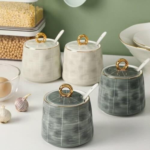 Ceramic Spice Jar Kitchen Light Luxury Phnom Penh Seasoning Jar Salt MSG Seasoning Box Household Spice Condiment Storage Tool