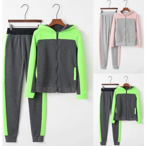 Stitching contrast sweater sports suit womens running suit sportswear 2-piece set womens solid color hoodie and pants sportswe