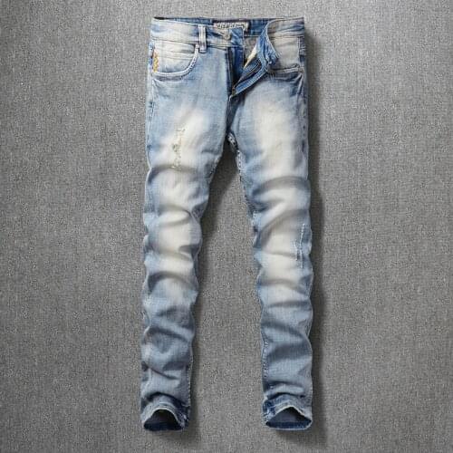 Korean Style Fashion Men Jeans High Quality Retro Light Blue Elastic Slim Fit Ripped Jeans Men Embroidery Designer Denim Pants