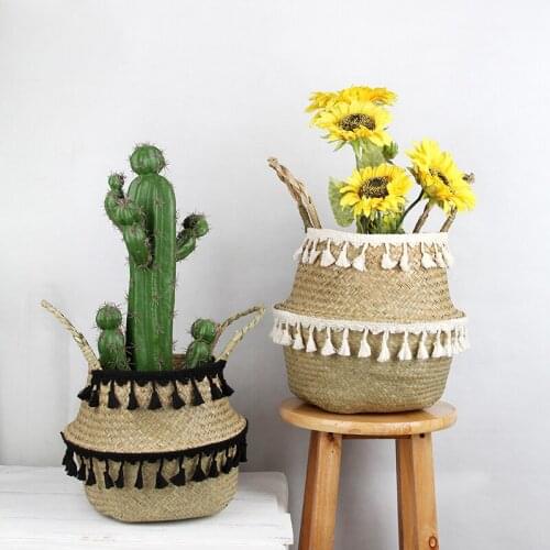 Lace Foldable Natural Seagrass Woven Storage Pot Garden Flower Hanging Basket With Handle tassel Storage Basket New Household