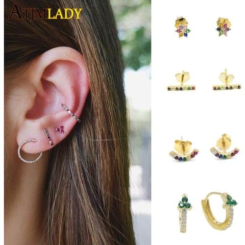 Minimal 925 sterling silver jewery red blue green white rainbow cz stone delicate dainty second colorful cluster stud earring