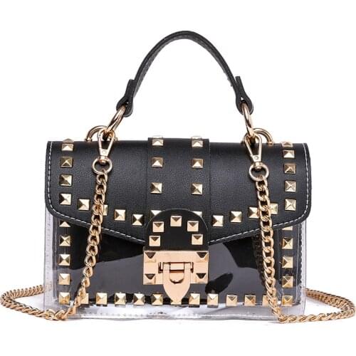 Fashion Womens Brand Rivet Messenger Bag Metal Chain Small Square Bag PVC Transparent All-match Womens Crossbody Bags Handbag