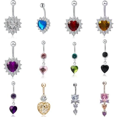 Fashion Heart Shaped Rhinestone Charm Zircon Women Sexy Navel Ring Multicolor Pendant Surgical Steel Piercing Belly Button Rings