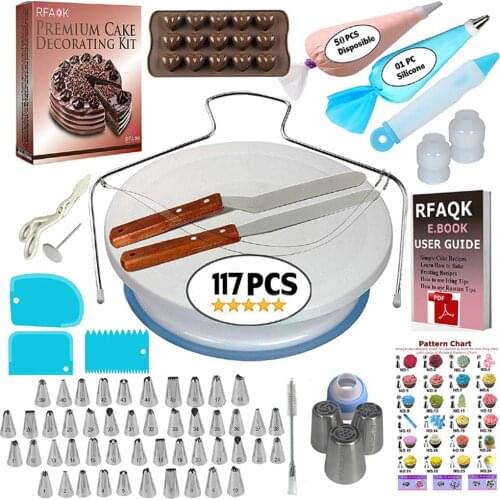 117 PCS Cake Decorating Tools Pastry Bag Nozzles Pieces Baking Kit Turntable Scrapers Stand Pen Spatula Stainless Mold Tip Set