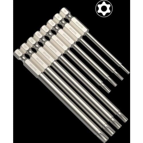 Broppe 10pcs S2 Alloy Steel T6-T40 75/100mm Magnetic Torx Screwdriver Bits 1/4 Inch Hex Shank