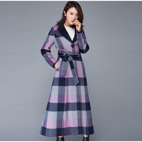 Women Plaid Long Woolen Coat Thick Warm Winter Checkered Long Sleeve Turn Down Collar Loose Straight Top Coat