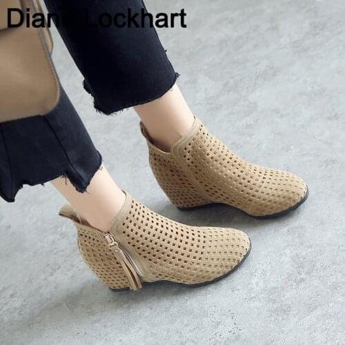 Hollow boots women Breathable Mesh bootie 2020 new ladies openwork Zipper height increasing shoes Flat heel mujer Plus size 41