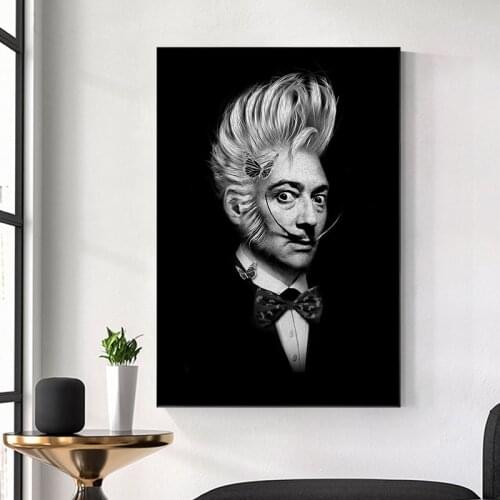 Black and White Salvador Dali Portrait Wall Art Posters and Prints Spanish Artist Canvas Painting Pictures for Living Room Decor
