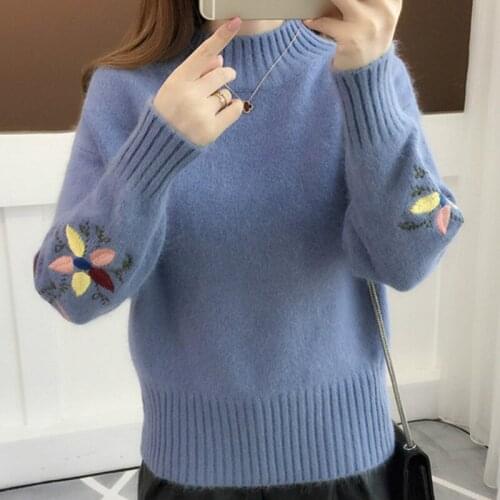 Sweater warm female winter new fashion on loose embroidered long-sleeved head half-high collar sweater 2021