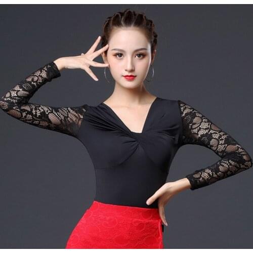 Latin Dance Top Lady Sexy Black Lace Long Sleeve Shirts Women Cha Cha Rumba Tango Salsa Dance Clothes Performance Wear DNV12807