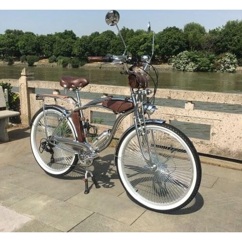 26"chrome bicycle calssical 140PCS Spoke lowrider suspension fork 7 speed 3pcs leather bag High Fashion Cruiser Bike Stunning