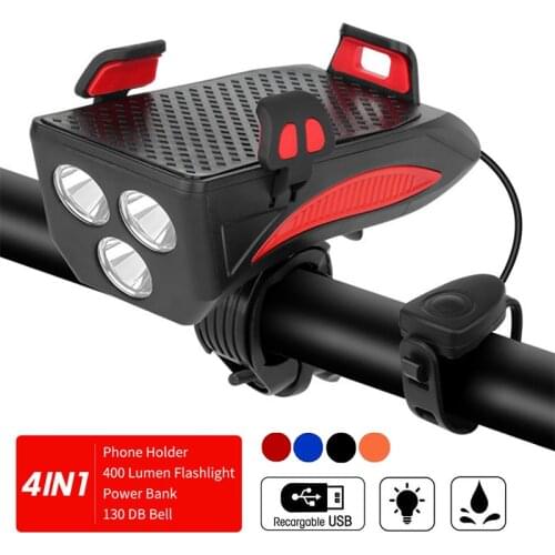 WEST BIKING 4 In 1 Bicycle Light Flashlight Bike Horn Alarm Bell Phone Holder Power Bank Accessories Cycling Front Lamp USB MTB