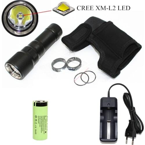 Underwater Diving Flashlight XM-L2 LED Dive Torch Waterproof Lamp Cave Explore Light + Wrist Sleeve +26650 Battery +Charger