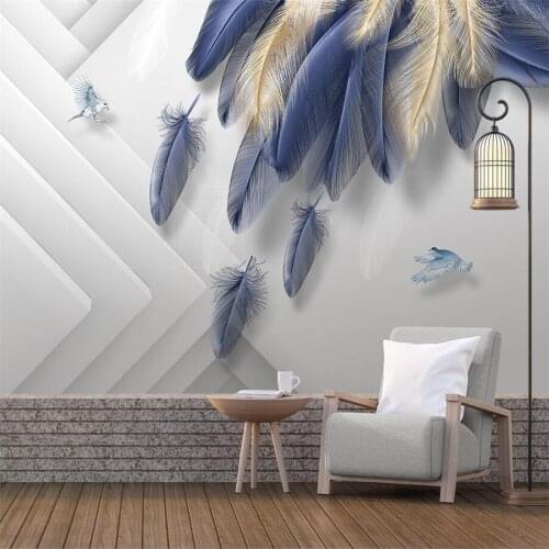 Welyu Custom 3d modern fashion light luxury hand-painted wallpaper golden blue feather geometric living room TV background обои