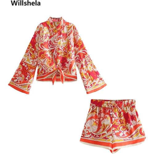 2021 Summer Two Piece Set Woman Printed Cropped Shirt & High-Waist Shorts Chic Lady za Women Outfit Shorts Sets 2 piece set