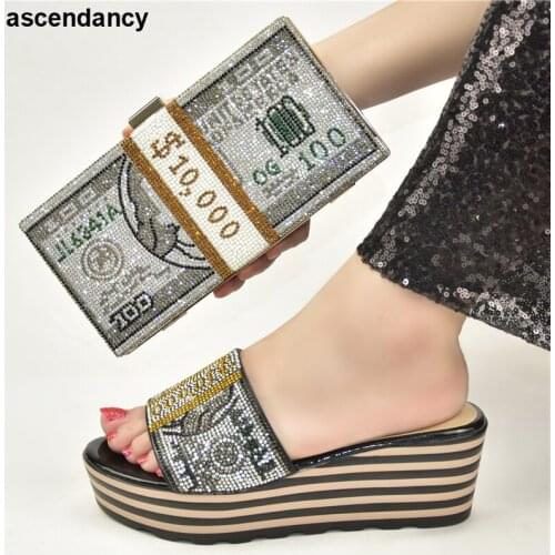 New Arrival Italian Shoes with Matching Bags for Women Latest Nigerian Women Party Shoes with Bag Set Decorate with Rhinestone