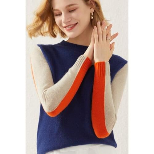 Womens new round neck cashmere sweater color matching 100% pure wool pullover fashion large size warm knitted bottoming shirt