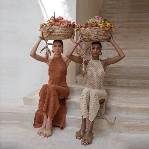 Woman Split Long Dress Y2K Slim Backless Maxi FLORAL STORY 2021 Summer Beach Sexy Bodycon Knit Black Elegant Halter Dress