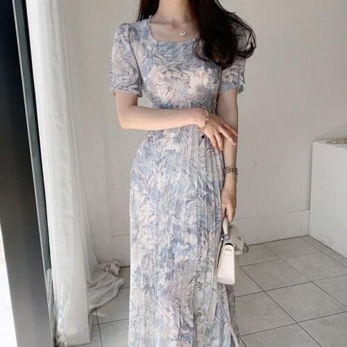 Summer 2021 watercolor print Korean chiffon dress for women short sleeves square collar tight elegant dress for women