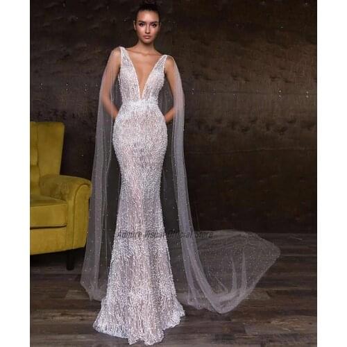 Wedding Dress Mermaid Lace Elegant Deep V-Neck Neckline Sleeveless Long Open-Back Plus Sizes Bride-Gown Vestidos De Novia