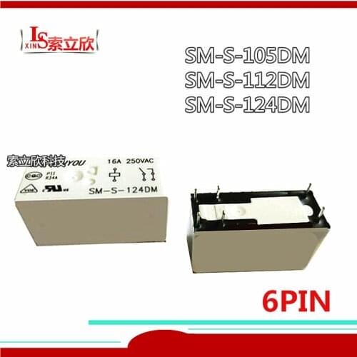 10PCS/LOT 100%Original New Relay SM-S-105D 5VDC SM-S-112DM 12VDC SM-S-124DM 24VDC SM S 124DM 24V 12V 5V 6PIN 16A 250VAC