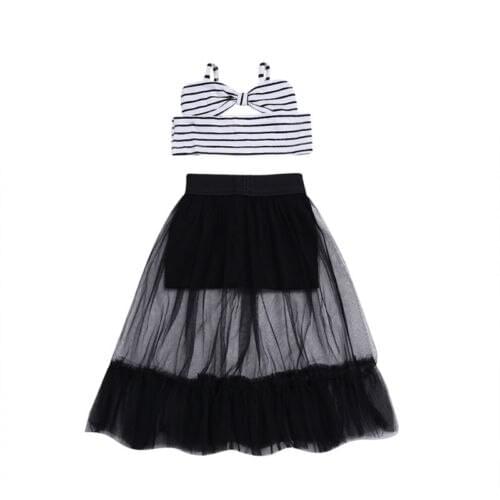 Striped Kids Baby Girl Bow Lace Princess Clothing Sunsuit 2Pcs Toddler Girls Summer Off Shoulder Crop Tops Shorts Skirts Dress