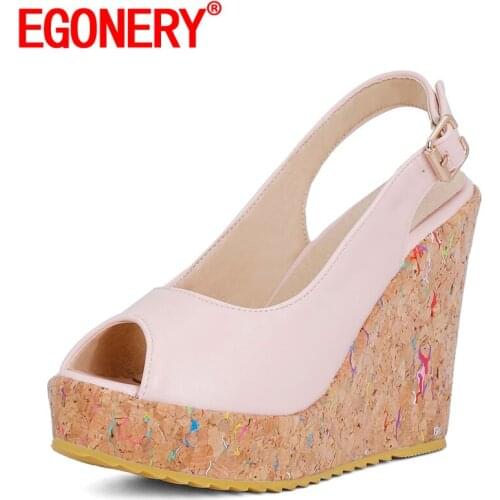 EGONERY Women summer New Style Fashion Slope Heel Sandals Peep Toe Leisure Working Shoes Solid color Mature Concise ventilation