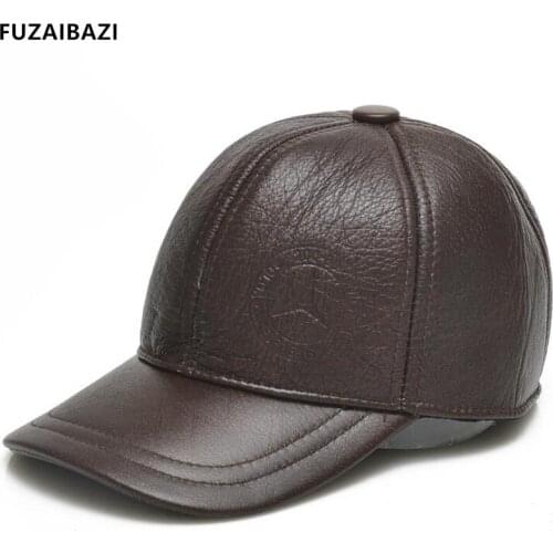 FUZAIBAZI New Winter Thermal Earmuffs Baseball Cap Adjustable Size Genuine Leather Hat For Mens Thicken Warm Snapback Caps