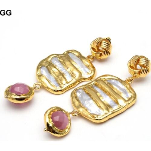 GG Jewelry Natural White Biwa Keshi Pearl With Electroplated Edge Pink Cat eye Dangle Stud Earrings Cute For Women